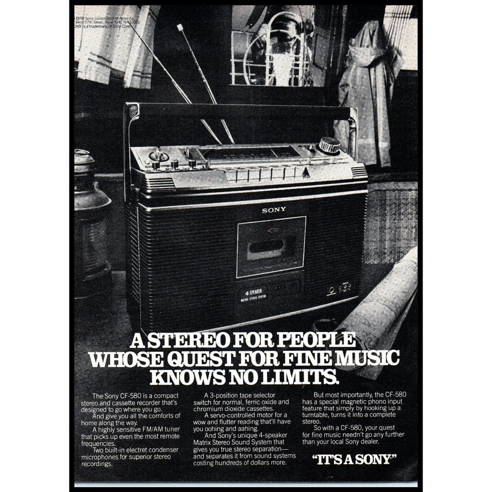 1978 Sony CF-580 Portable Cassette Recorder Stereo Vintage Print Ad Wall Art